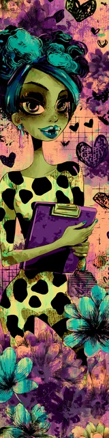 Free teacher bookmark featuring a green-skinned teacher in a green dress